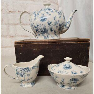 Grace Blue White Floral Ceramic Tea Set Teapot Creamer Sugar Bowl w/ Lid